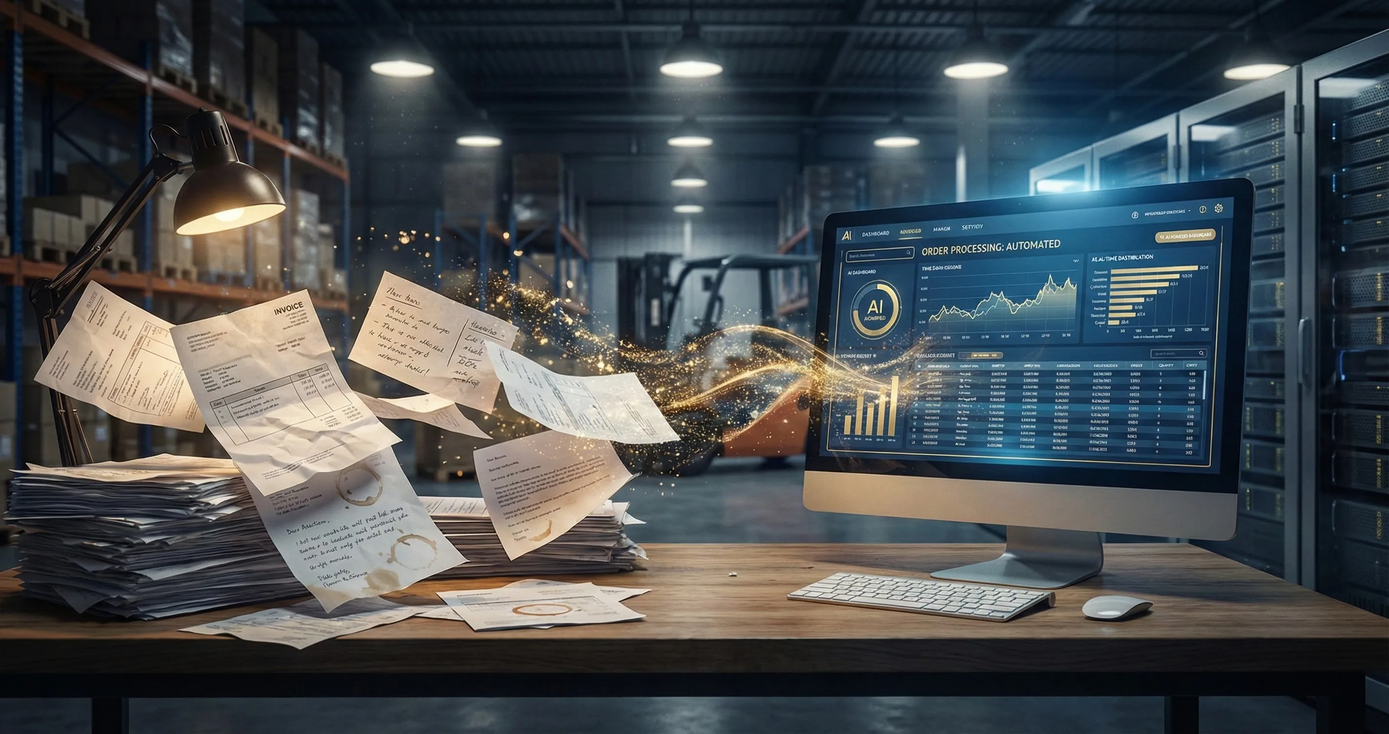 Écran montrant la transition du chaos des commandes papier vers un dashboard automatisé structuré (Automatisation Commandes CHR).