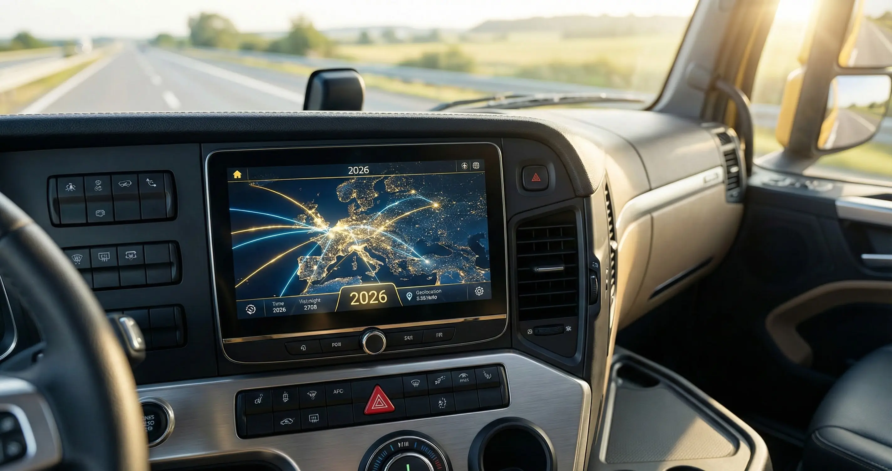 Close-up d'un Tachygraphe Intelligent V2 installé dans une cabine de camion la nuit, affichant des données de géolocalisation et la date 2026.