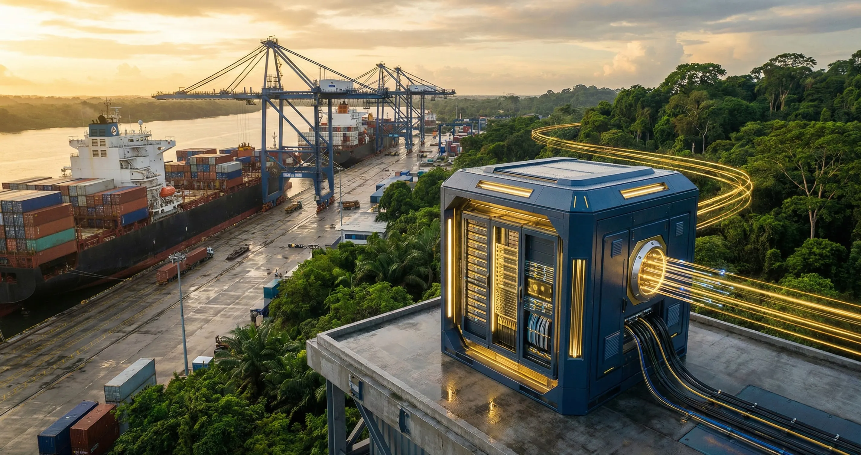 Hub technologique (SYNKHOR) fonctionnant parfaitement dans un environnement industriel tropical (Guyane/Antilles), symbolisant l'expertise locale et la résilience.