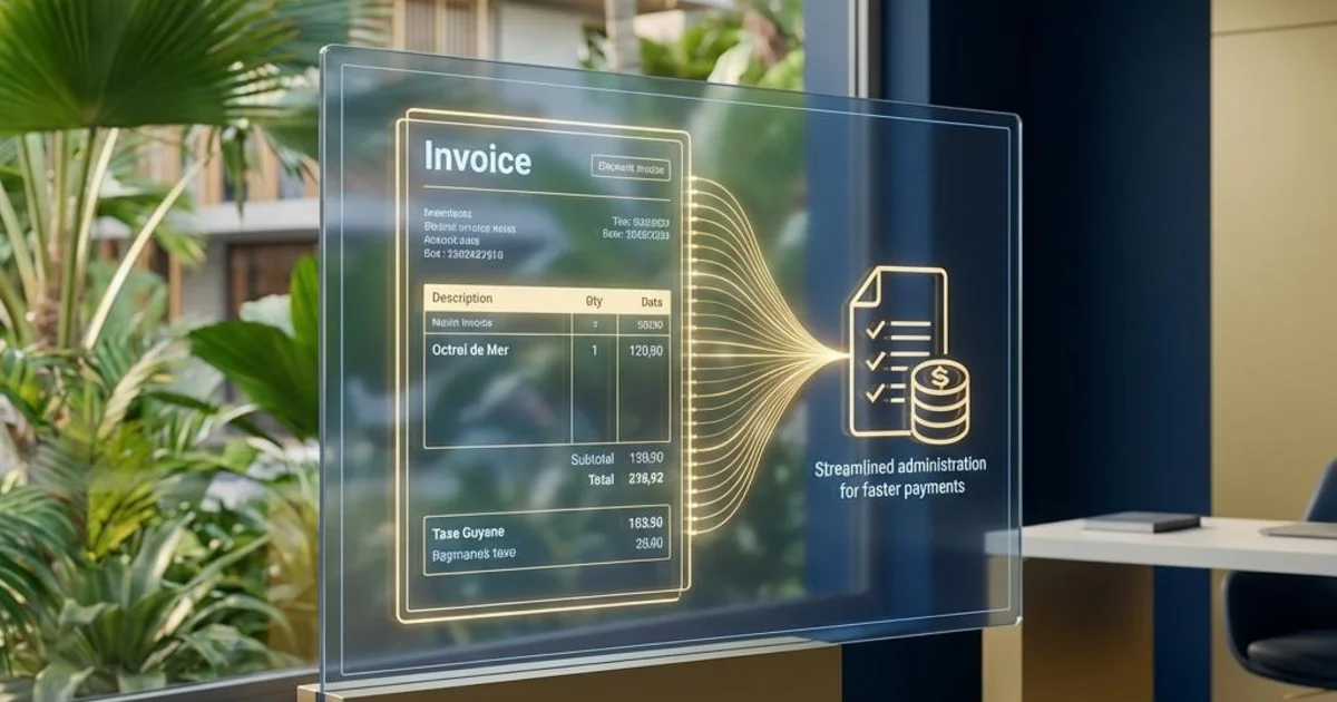 Facture électronique avec ligne Octroi de Mer dans un bureau tropical en Guyane, flux de données dorés vers icône de paiement simplifié