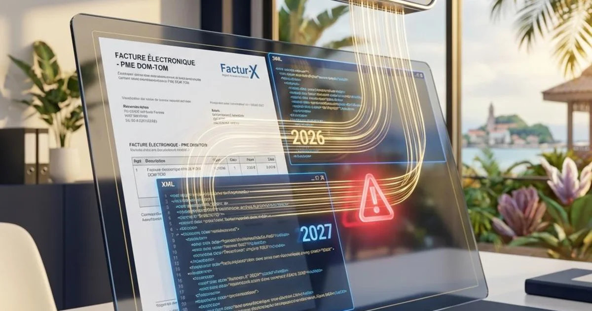 Facture électronique Factur-X sur écran d'ordinateur avec flux de données XML vers le cloud sécurisé, dates 2026-2027 et décor tropical des DOM-TOM