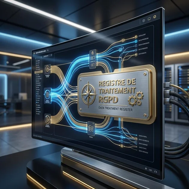 Infographie représentant des flux de données circulant entre différents départements d'une entreprise, symbolisant la cartographie et l'optimisation des processus via un registre RGPD.