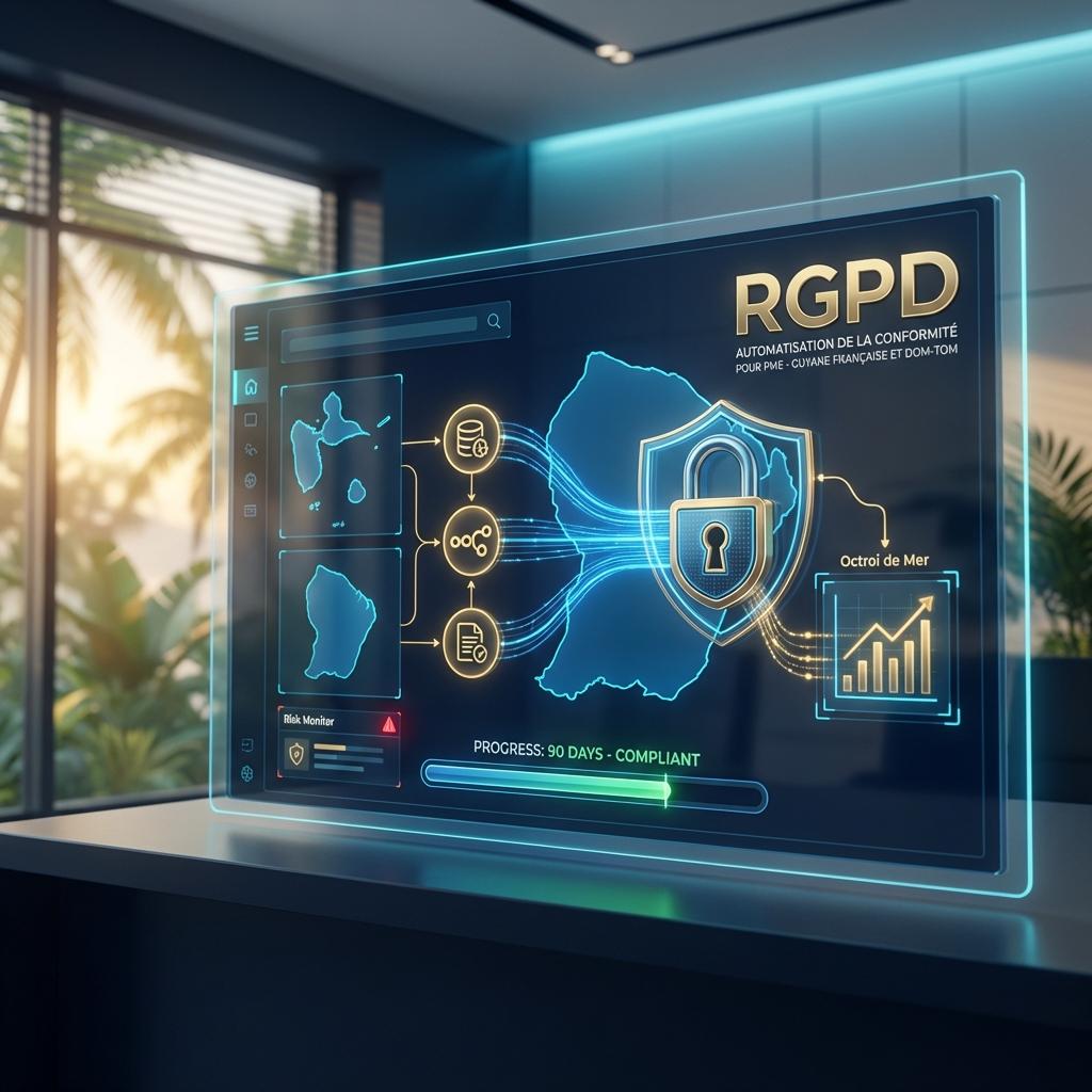 Illustration d'une carte de Guyane avec des icônes de données et d'automatisation symbolisant la conformité RGPD pour les PME des DOM-TOM.
