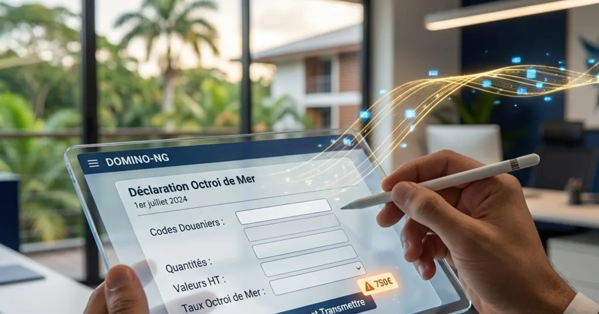 Illustration d'un processus de déclaration électronique de l'Octroi de Mer en Guyane, avec des documents numériques et le portail DOMINO-NG.