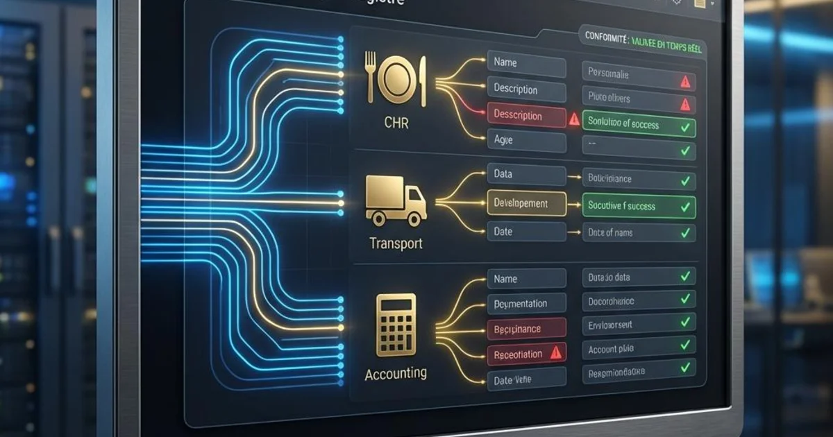 Une PME utilise un logiciel SYNKHOR pour gérer son registre de traitements RGPD, avec des icônes de secteurs CHR, transport et comptabilité, symbolisant la conformité et l'automatisation des données.
